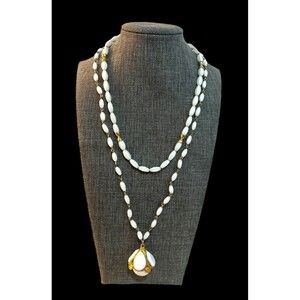 Vtg Art Deco Style Drop Necklace White Beads And Gold Tone Metal Layered Set